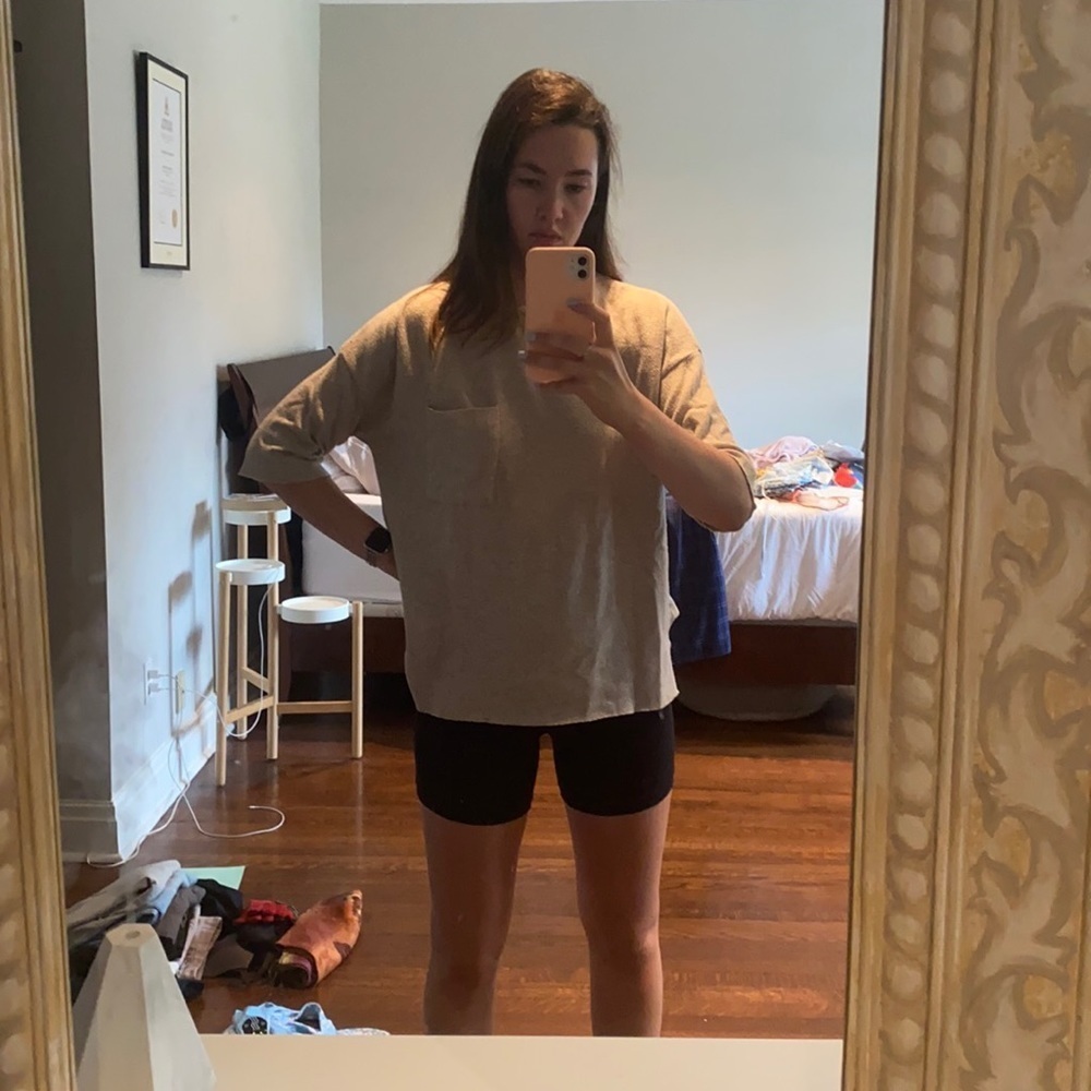 Beige Oversized T-Shirt with Pocket Knit Material Brown Oversized T-Shirt Sz S
